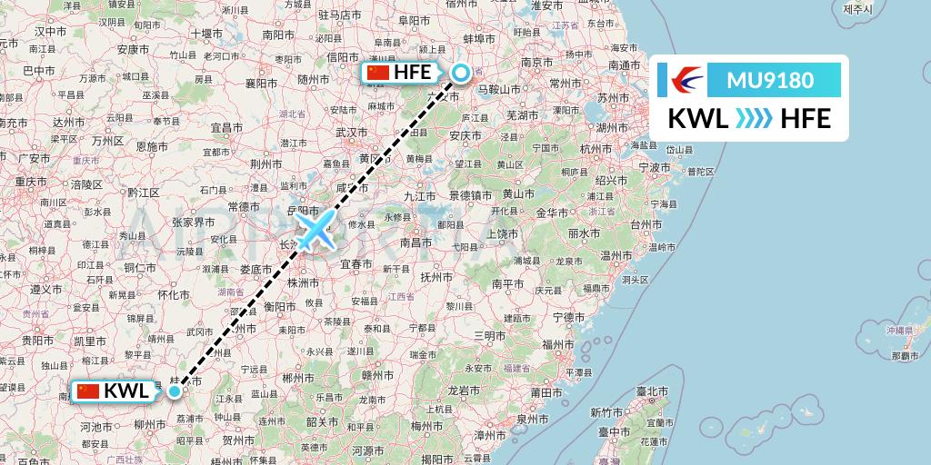 MU9180 China Eastern Airlines Flight Map: Guilin to Hefei