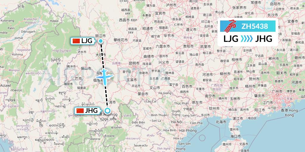 ZH5438 Shenzhen Airlines Flight Map: Lijiang to Jinghong