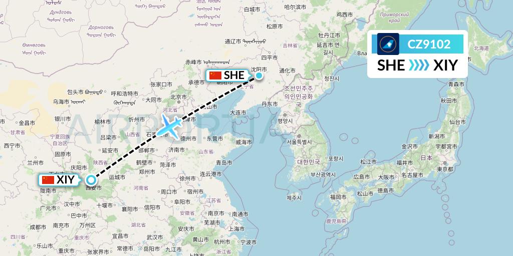 CZ9102 China Southern Airlines Flight Map: Shenyang to Xi'an