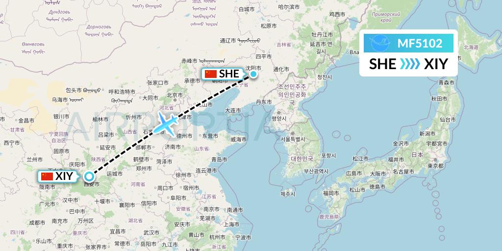 MF5102 Xiamen Airlines Flight Map: Shenyang to Xi'an