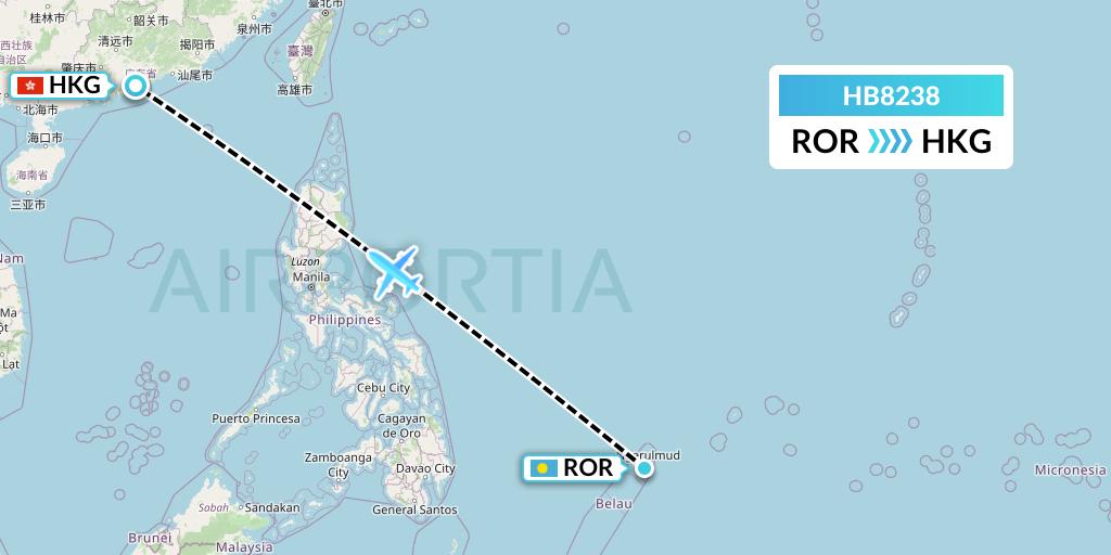 HB8238 Greater Bay Airlines Flight Map: Airai to Hong Kong