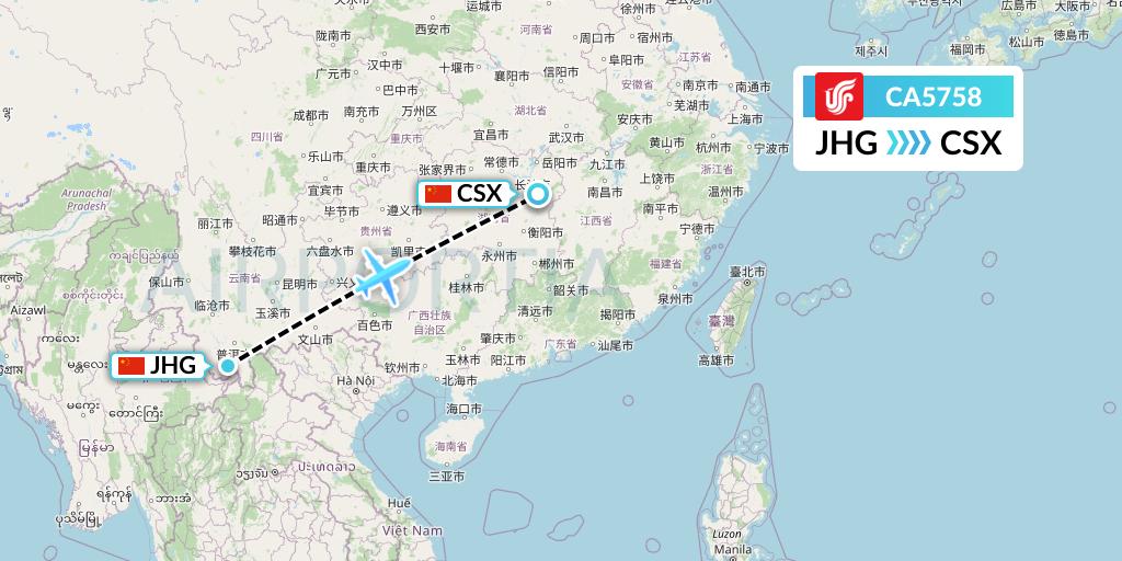 CA5758 Air China Flight Map: Jinghong to Changsha