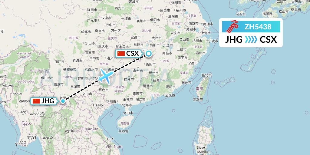 ZH5438 Shenzhen Airlines Flight Map: Jinghong to Changsha