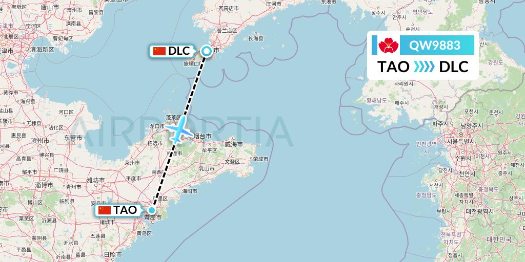 QW9883 Qingdao Airlines Flight Map: Qingdao to Dalian