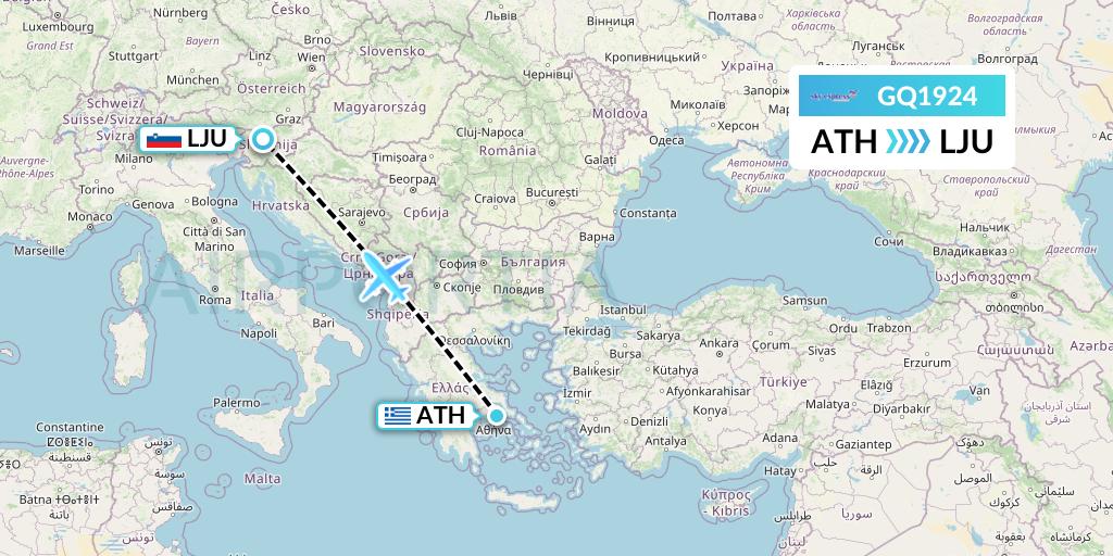 GQ1924 Sky Express (Greece) Flight Map: Athens to Ljubljana
