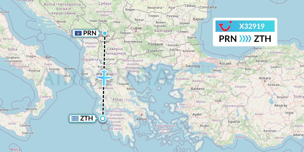 X32919 TUI fly Germany Flight Map: Pristina to Zakynthos