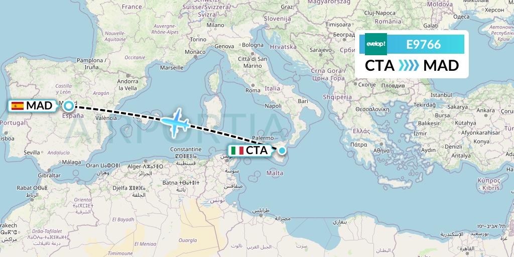 E9766 Evelop Airlines Flight Map: Catania to Madrid