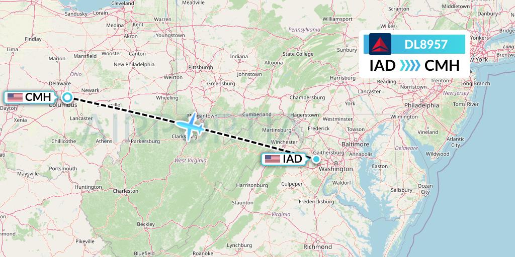DL8957 Delta Air Lines Flight Map: Washington to Columbus
