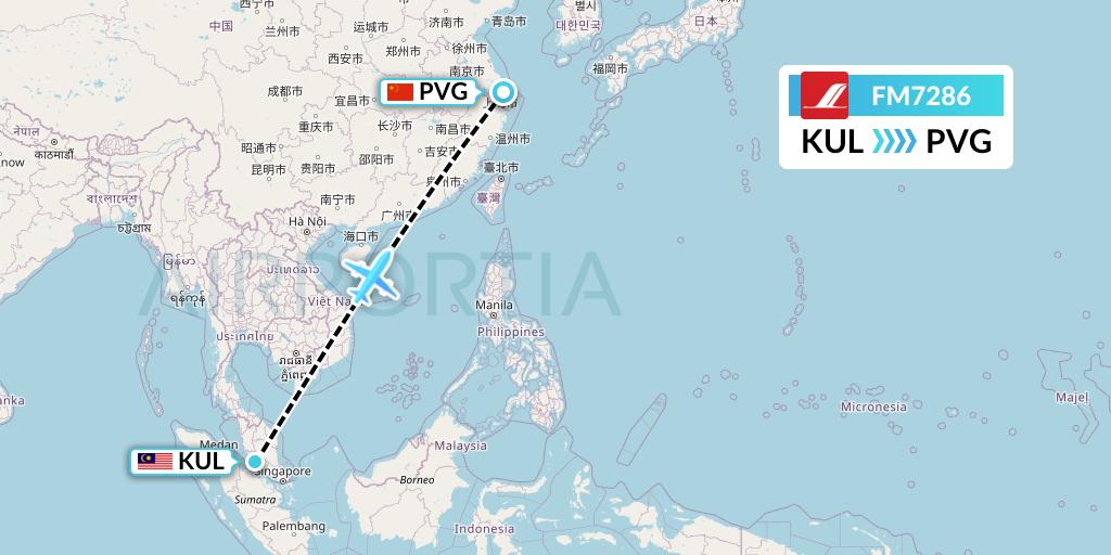 FM7286 Shanghai Airlines Flight Map: Kuala Lumpur to Shanghai