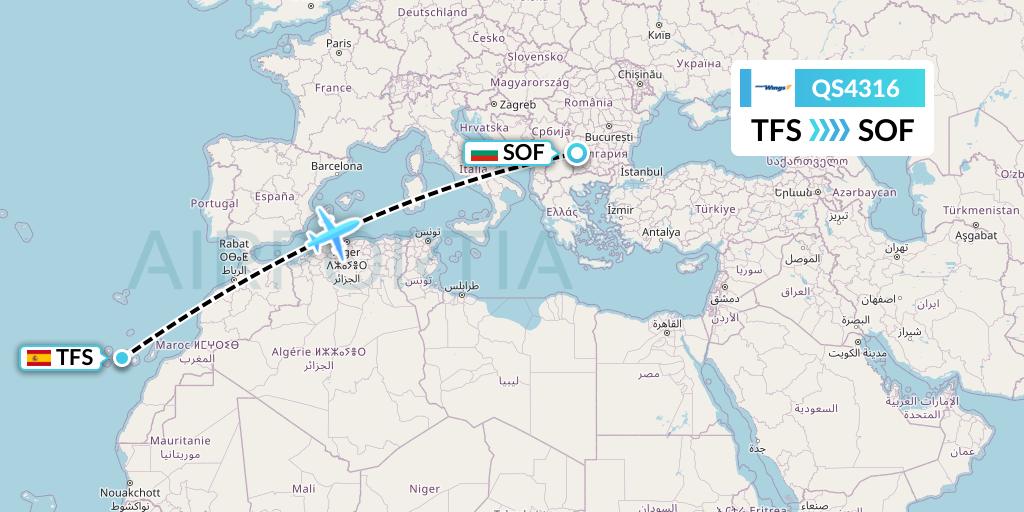QS4316 Smartwings Flight Map: Tenerife to Sofia