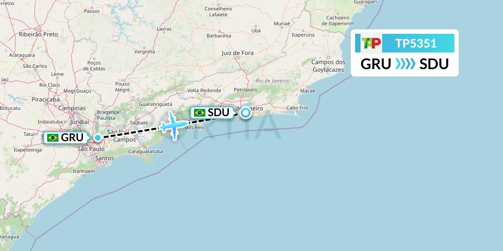 TP5351 TAP Portugal Flight Map: Sao Paulo to Rio de Janeiro
