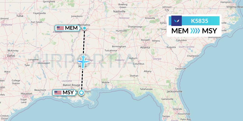K5835 SeaPort Airlines Flight Map: Memphis to New Orleans