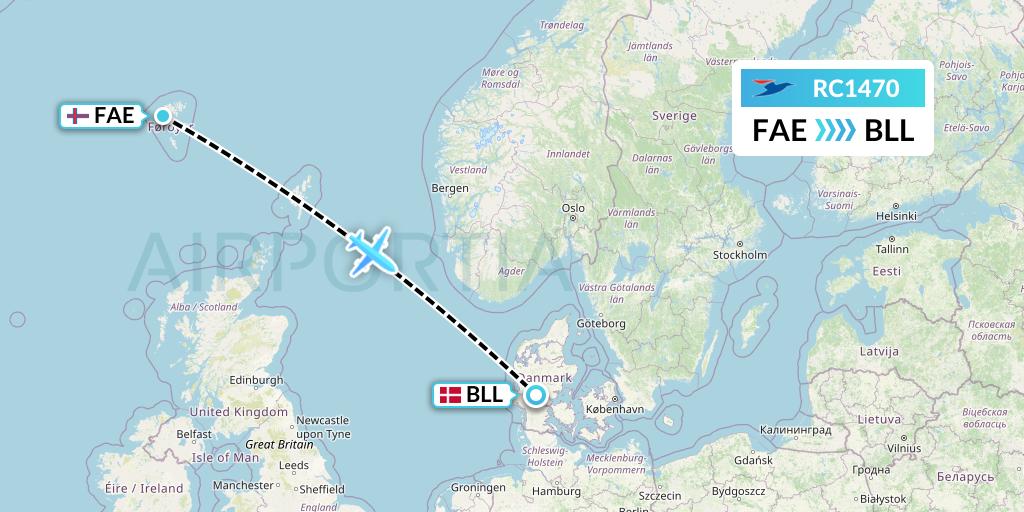 RC1470 Atlantic Airways Flight Map: Vagar to Billund