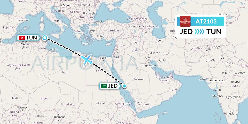 AT2103 Royal Air Maroc Flight Map: Jeddah to Tunis