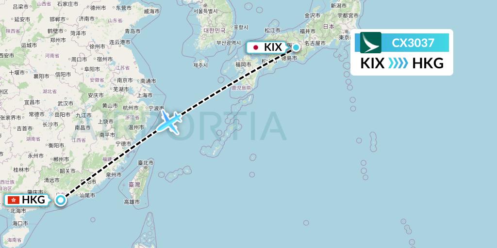 CX3037 Cathay Pacific Flight Map: Osaka to Hong Kong