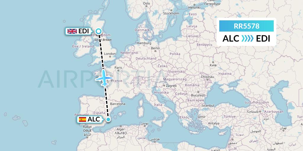 RR5578 Royal Air Force Flight Map: Alicante to Edinburgh