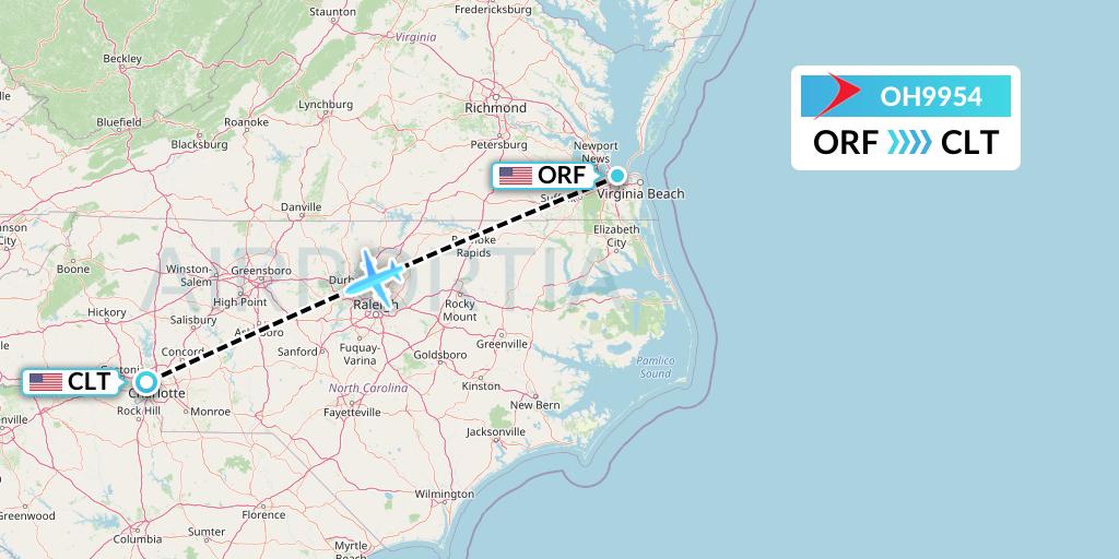 OH9954 PSA Airlines Flight Map: Norfolk to Charlotte