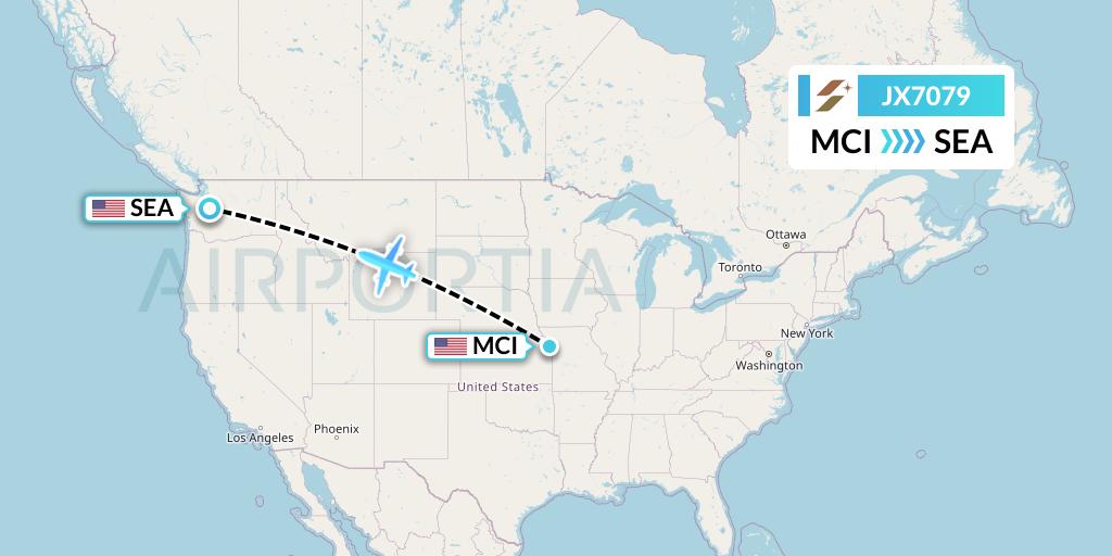 JX7079 Starlux Airlines Flight Map: Kansas City to Seattle