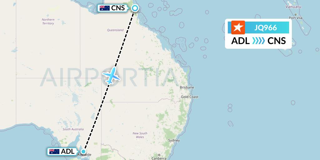 JQ966 Jetstar Airways Flight Map: Adelaide to Cairns