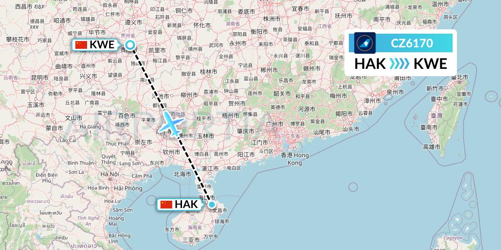 CZ6170 China Southern Airlines Flight Map: Haikou to Guiyang