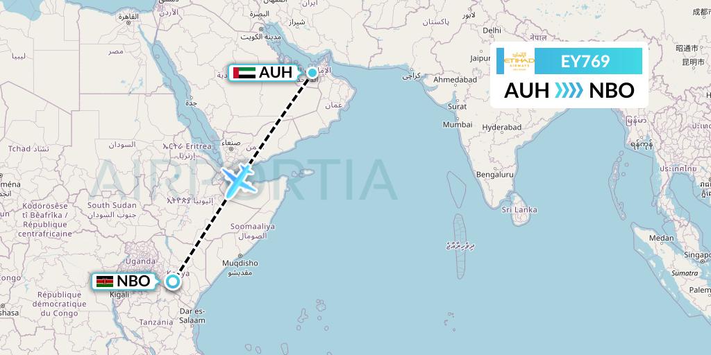 EY769 Etihad Airways Flight Map: Abu Dhabi to Nairobi