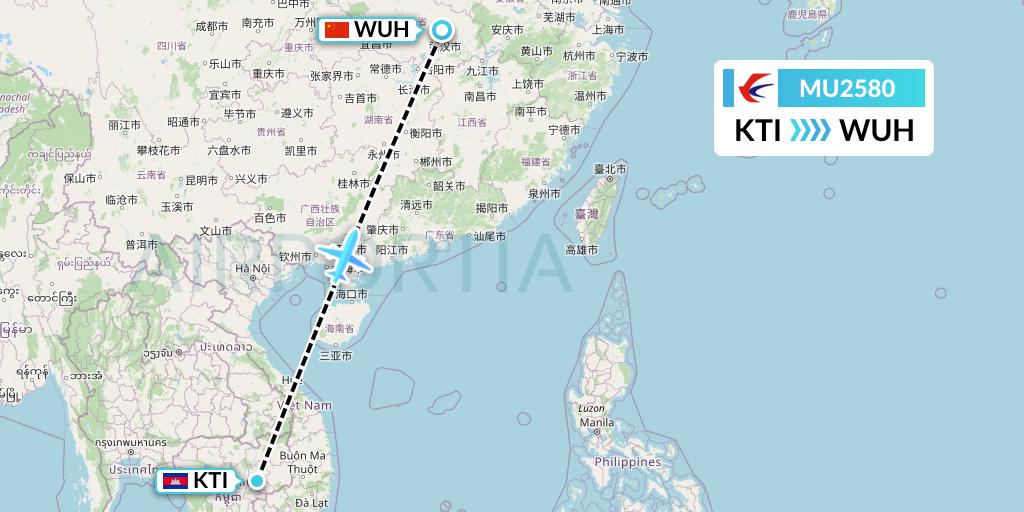 MU2580 China Eastern Airlines Flight Map: Kratie to Wuhan