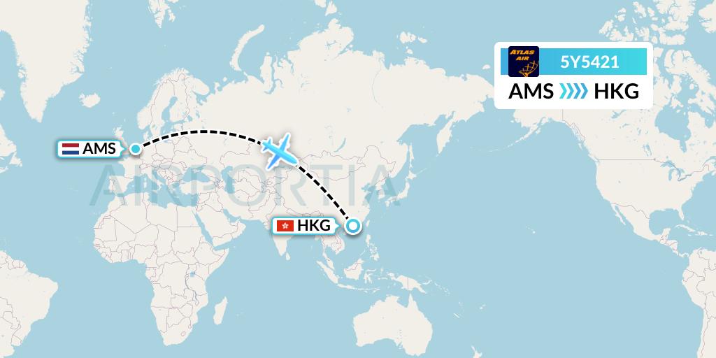 5Y5421 Atlas Air Flight Map: Amsterdam to Hong Kong