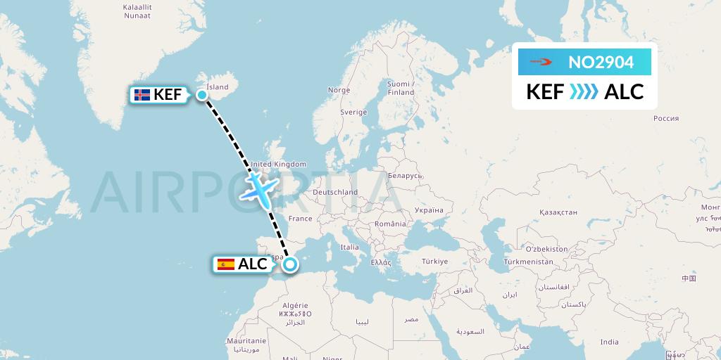 NO2904 Neos Flight Map: Reykjavik to Alicante