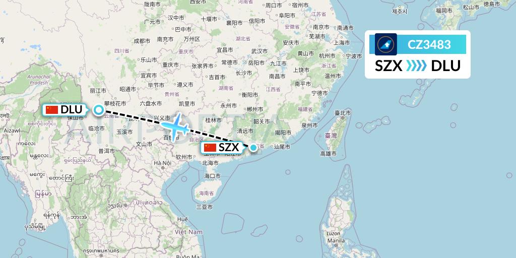 CZ3483 China Southern Airlines Flight Map: Shenzhen to Dali