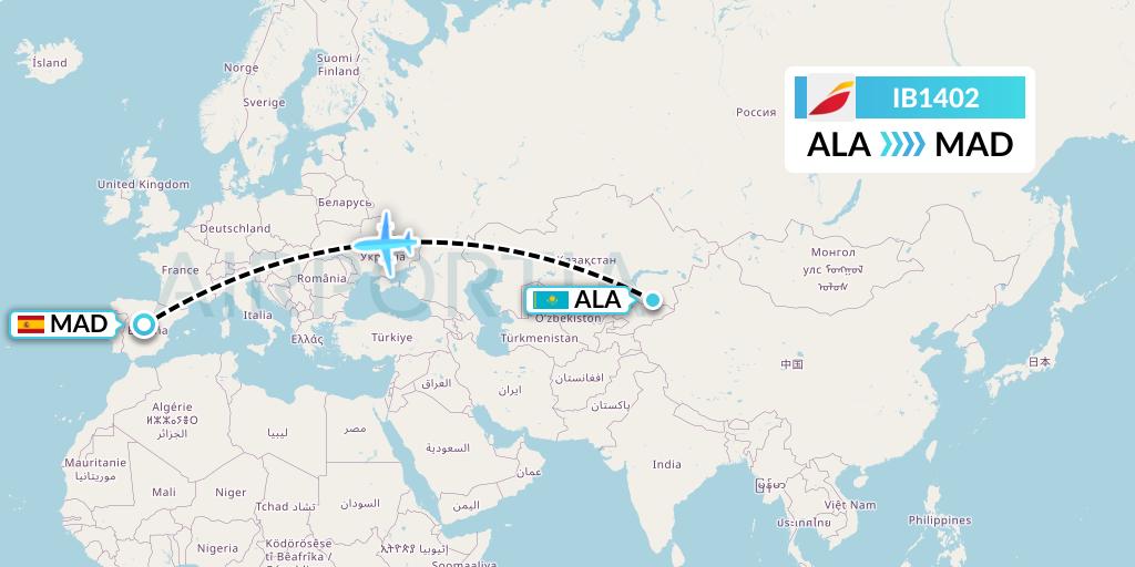 IB1402 Iberia Flight Map: Almaty to Madrid