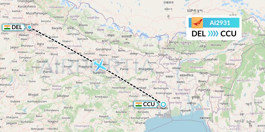 AI2931 Air India Flight Map: Delhi to Kolkata