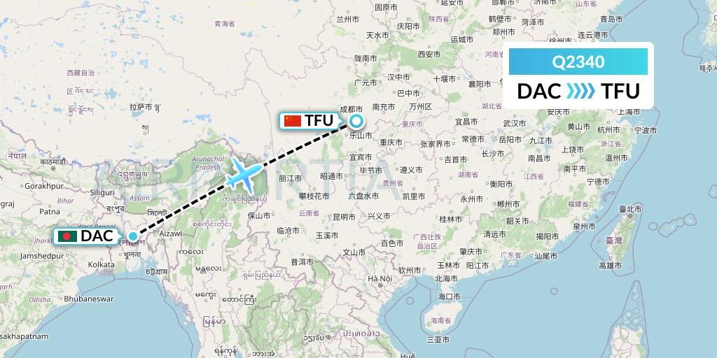 Q2340 Maldivian Flight Map: Dhaka to Chengdu
