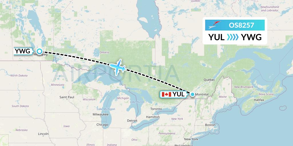OS8257 Austrian Airlines Flight Map: Montreal to Winnipeg