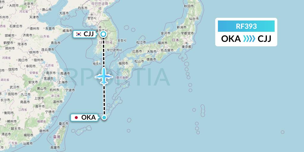RF393 Aero K Airlines Flight Map: Naha to Cheongju
