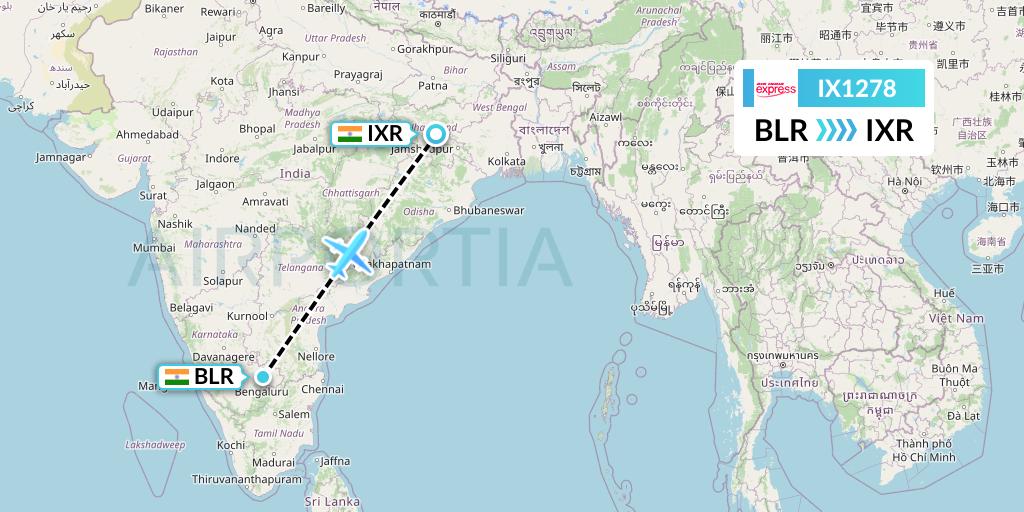 IX1278 Air India Express Flight Map: Bangalore to Ranchi