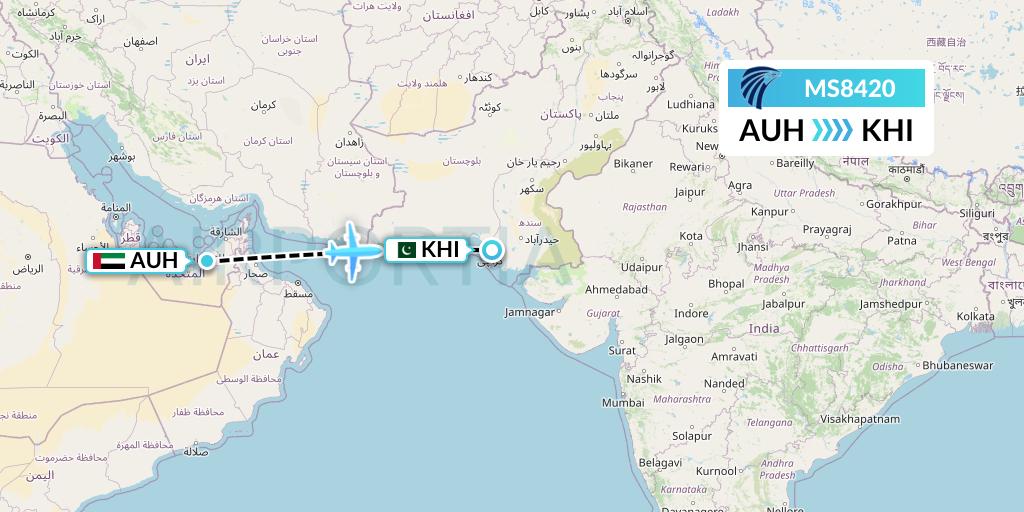 MS8420 EgyptAir Flight Map: Abu Dhabi to Karachi