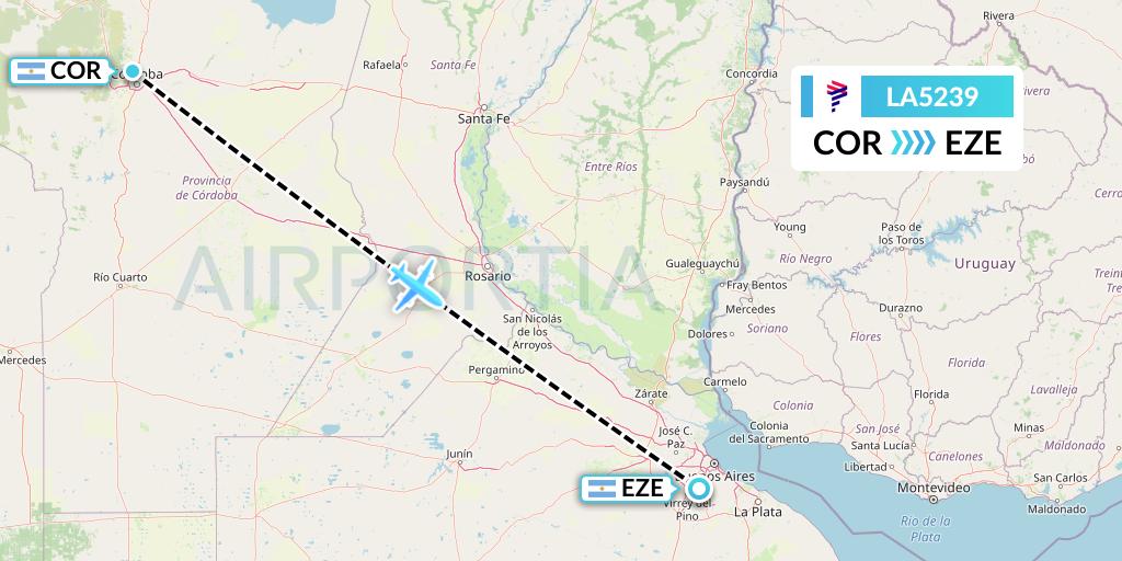 LA5239 LAN Airlines Flight Map: Cordoba to Buenos Aires