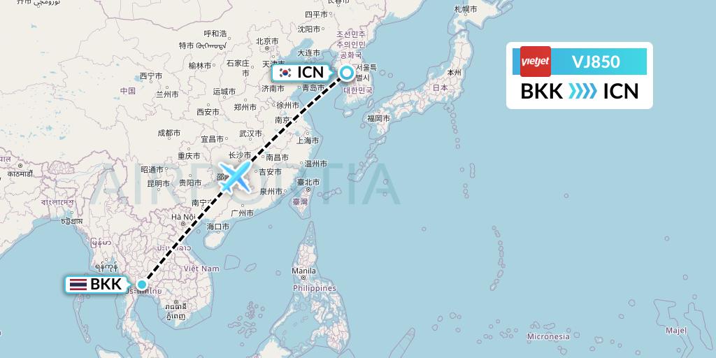 VJ850 VietJet Air Flight Map: Bangkok to Seoul