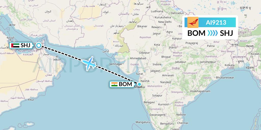 AI9213 Air India Flight Map: Mumbai to Sharjah