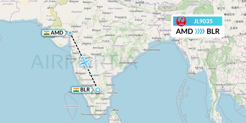 JL9035 Japan Airlines Flight Map: Ahmedabad to Bangalore