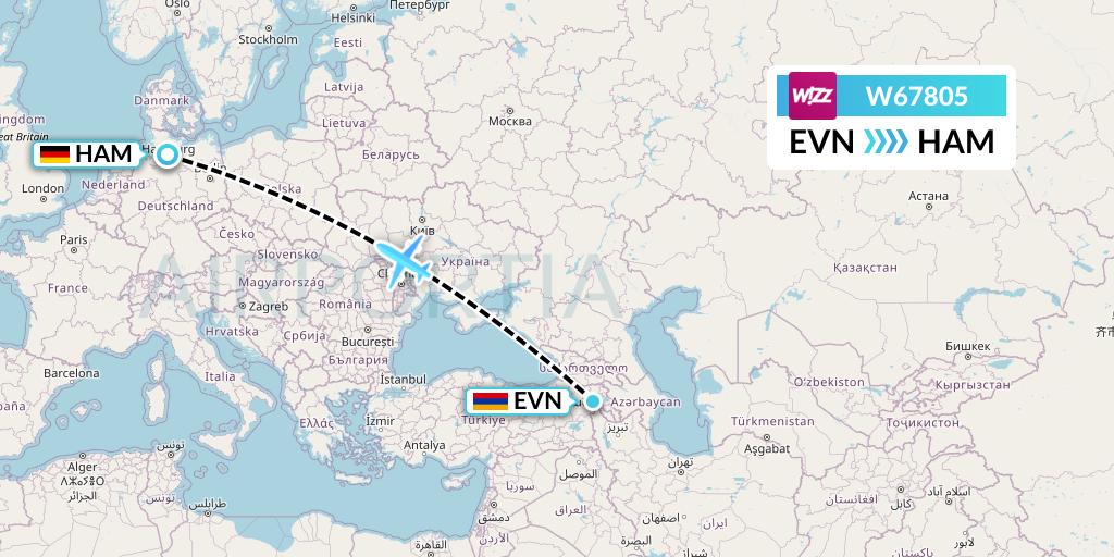 W67805 Wizz Air Flight Map: Yerevan to Hamburg