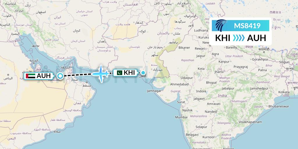 MS8419 EgyptAir Flight Map: Karachi to Abu Dhabi