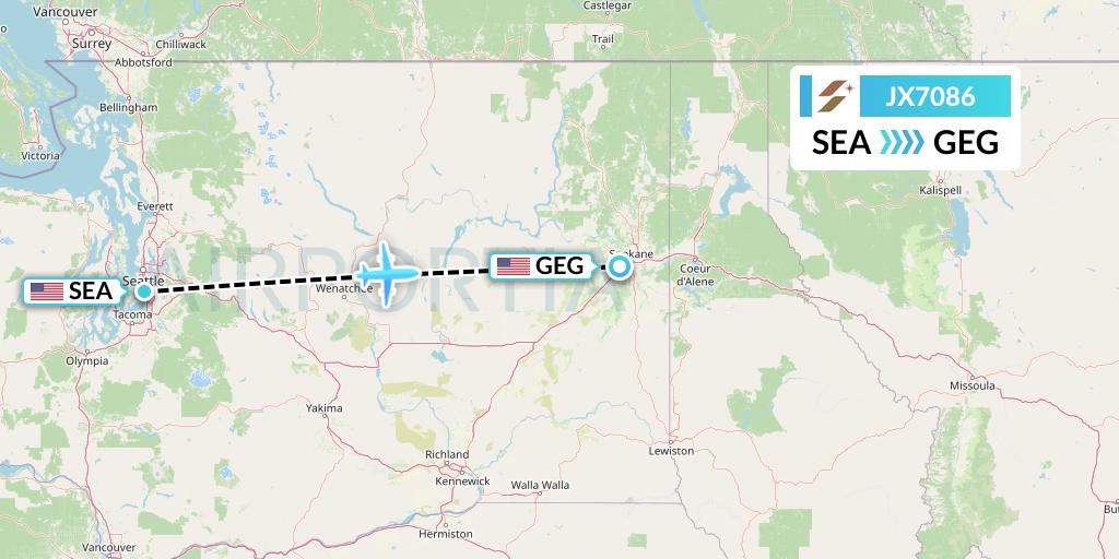JX7086 Starlux Airlines Flight Map: Seattle to Spokane