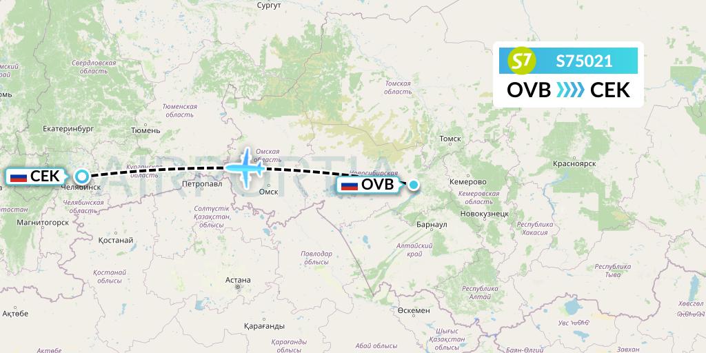 S75021 S7 Airlines Flight Map: Novosibirsk to Chelyabinsk