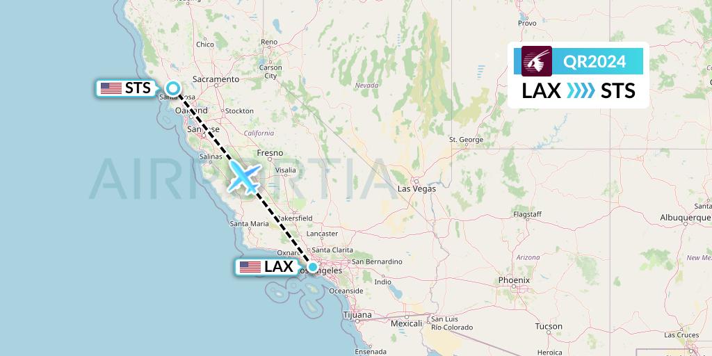 QR2024 Qatar Airways Flight Map: Los Angeles to Santa Rosa