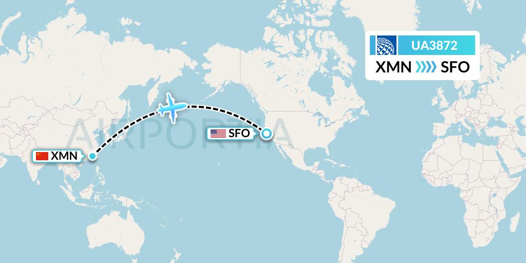 UA3872 United Airlines Flight Map: Xiamen to San Francisco