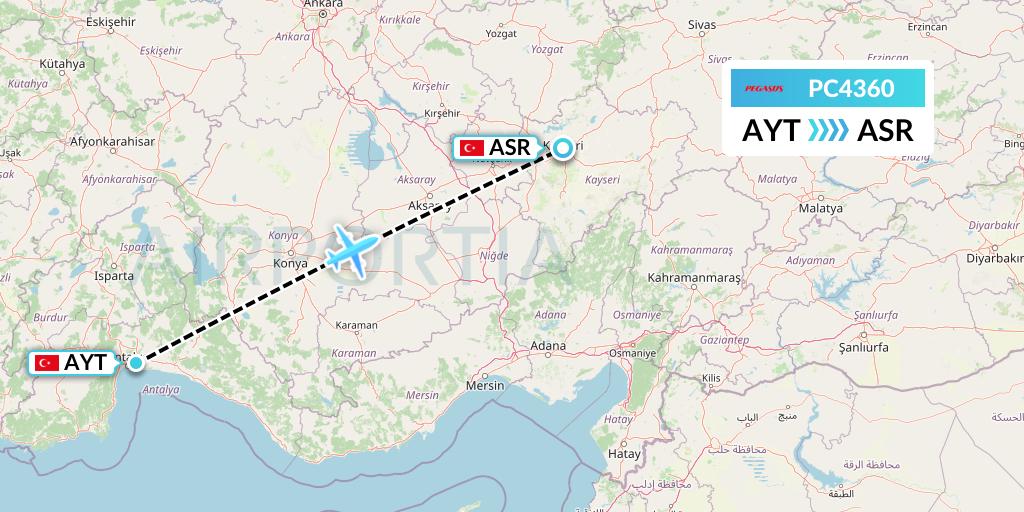 PC4360 Pegasus Airlines Flight Map: Antalya to Kayseri