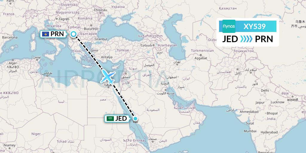 XY539 Flynas Flight Map: Jeddah to Pristina