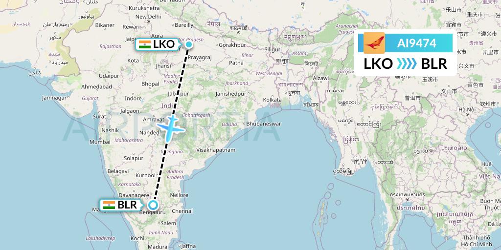 AI9474 Air India Flight Map: Lucknow to Bangalore