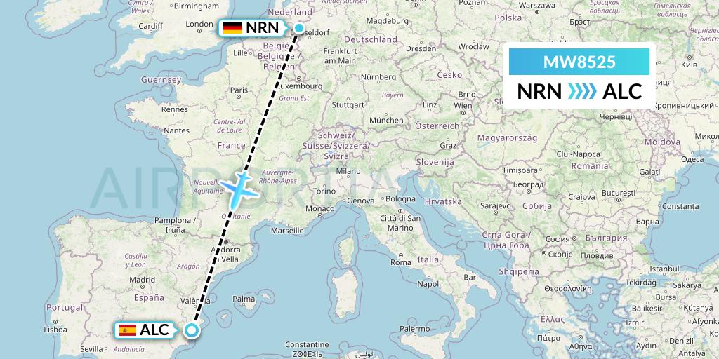MW8525 Mokulele Flight Service Flight Map: Weeze to Alicante